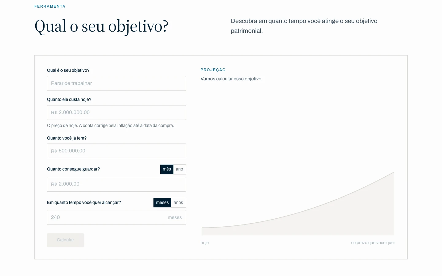 Interface da ferramenta de objetivos da BKZ Capital: campos para o preço do objetivo, o quanto já está guardado, o aporte mensal e o prazo, ao lado do gráfico da trajetória do patrimônio